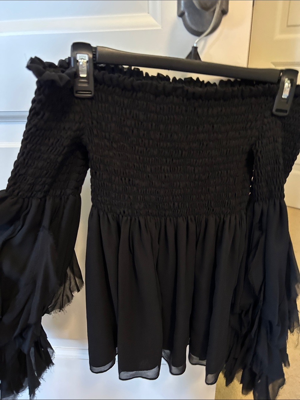 Caroline Constas Black Smocked Off-Shoulder Top